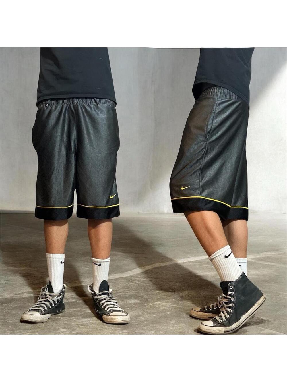 Y2K gray shiny with yellow piping basketball shorts baggyish